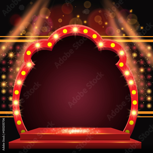 Shining abstract background with golden glow spotlights, mosaic, podium and arch banner