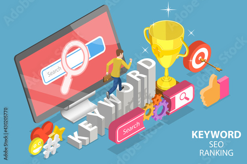 3D Isometric Flat Vector Conceptual Illustration of Keyword SEO Ranking.