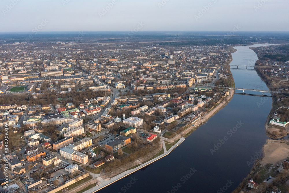 Fototapeta premium View from a great height to the center of the city of Pskov and the Velikaya River.