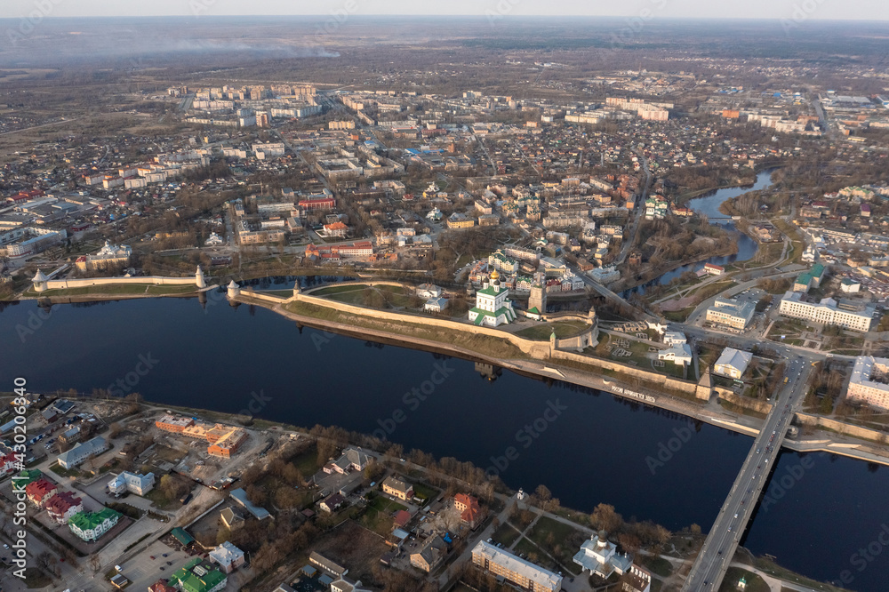 Aerial view to the central part of Pskov. The Great River and the main attractions.
