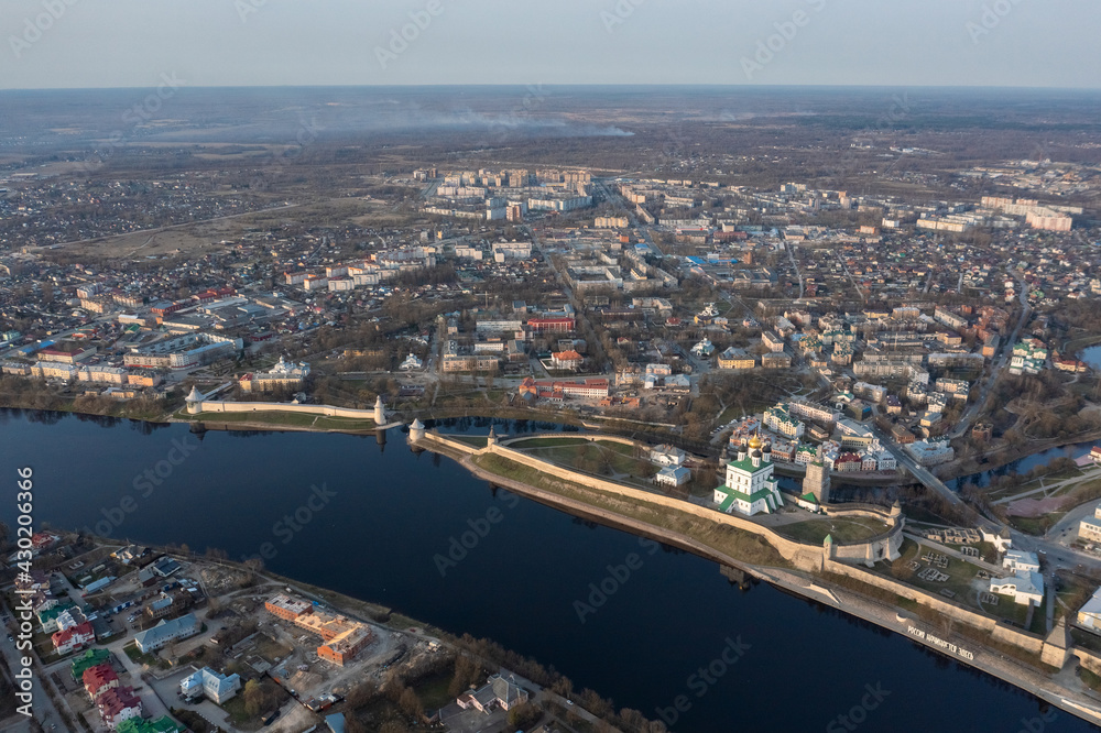 Aerial view of the central part of Pskov, welcome to Russia, the tourist center of the Russian city.