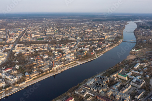 View from a great height to the center of the city of Pskov and the Velikaya River. photo
