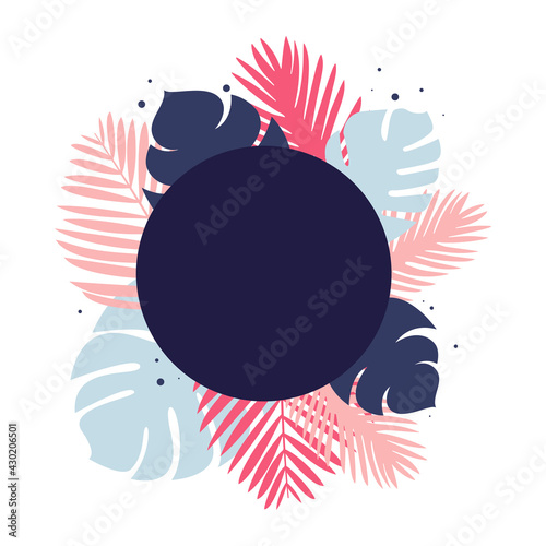 Palm leaves Vector template with copy space in flat design Dark round empty shape with frame of tropical plants isolated on white backdrop
