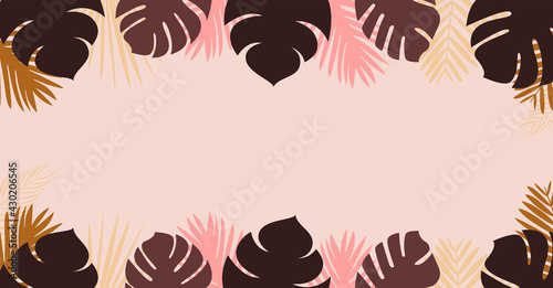 Palms Vector template with copy space in flat design Cute monstera leaves and tropical plants on light pink background