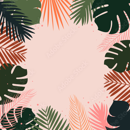 Palm leaves Vector illustration with copy space Different tropical leaves and plants on light pink background Flat design