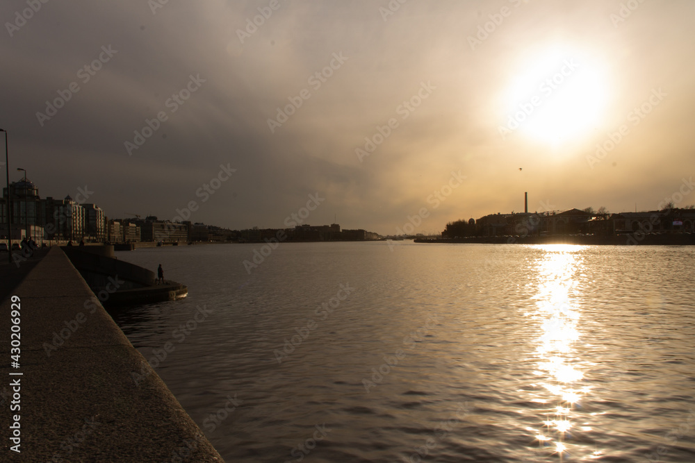 urban landscape sunset on the banks of the Neva River, Saint Petersburg, March 2021