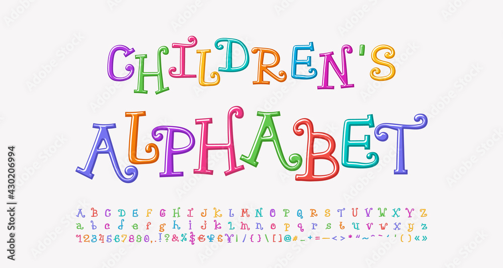Multicolored funny curly alphabet. Cartoon font rainbow bright colors, uppercase and lowercase letters, numbers, marks. Vector font set