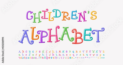 Multicolored funny curly alphabet. Cartoon font rainbow bright colors, uppercase and lowercase letters, numbers, marks. Vector font set © alenes