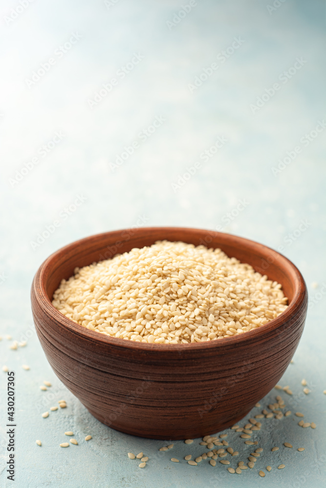 White sesame seeds in ceramic bowl on concrete background White sesame seeds in ceramic bowl on concrete background
