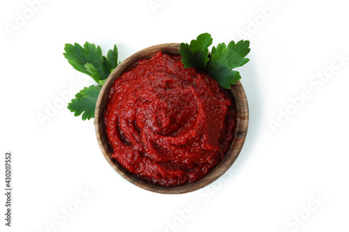 Wallpaper Mural Wooden bowl of tomato paste isolated on white background