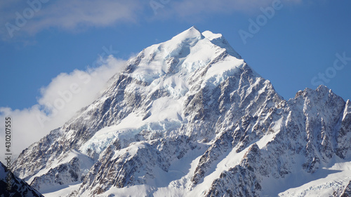 Mount Cook Peak in a snowy mountain landscape on the South Island of New Zealand.