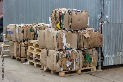 26.04.2021. Russia, Bogoroditsk. Recycling cartons are in the warehouse. photo