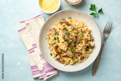 Risotto with mushrooms, parmesan cheese and parsley in plate on concrete background