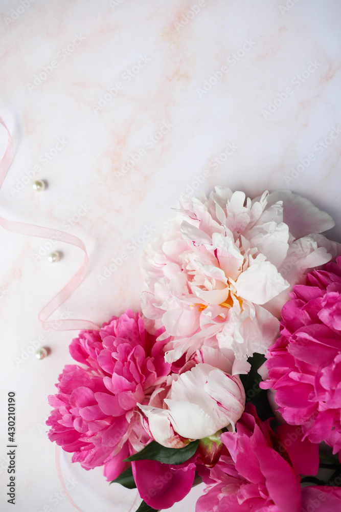 romantic composition. bouquet of pink peonies on a white background romantic composition. bouquet of pink peonies on a white background