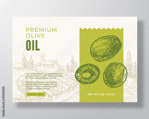Olive Oil Label Template. Abstract Vector Packaging Design Layout. Modern Typography Banner with Hand Drawn Green Olives and Rural Landscape Background. Isolated
