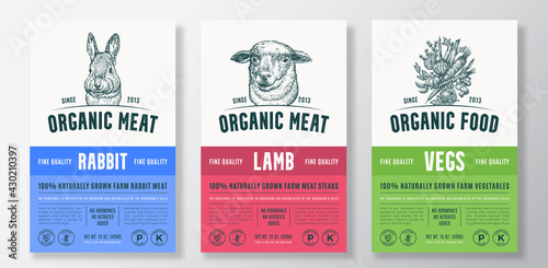 Organic Meat and Vegetables Vector Packaging Design or Label Templates Set. Farm Grown Products Banner. Hand Drawn Herbs, Sheep and Rabbit Head Sketches Backgrounds Layout Collection