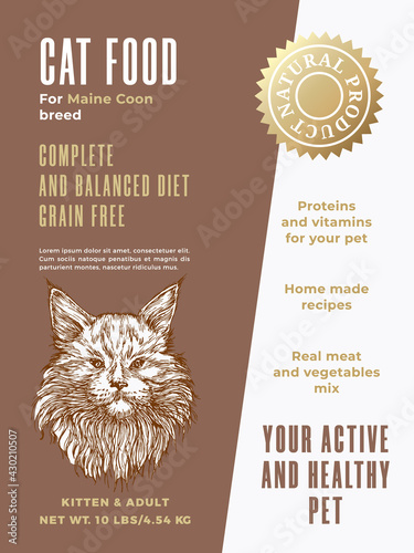 Pet Food Product Label Template. Abstract Vector Packaging Design Layout. Modern Typography Banner with Hand Drawn Maine Coon Cat Breed Sketch Face Background. Isolated