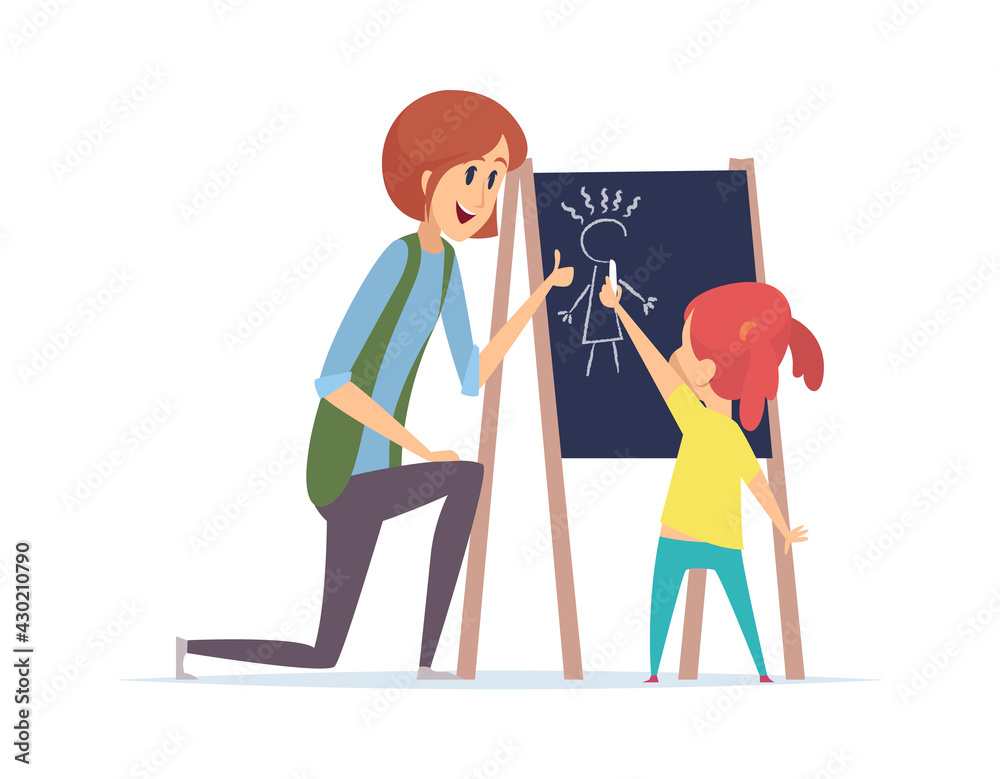 Girl drawing chalk. Little baby learning draw, teacher and kid. Isolated  cartoon woman, nanny or babysitter vector illustration Stock Vector | Adobe  Stock