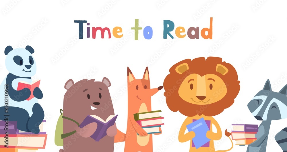 Reading animals. Wild animal with books, lion fox bear panda read vector banner Reading animals. Wild animal with books, lion fox bear panda read vector banner