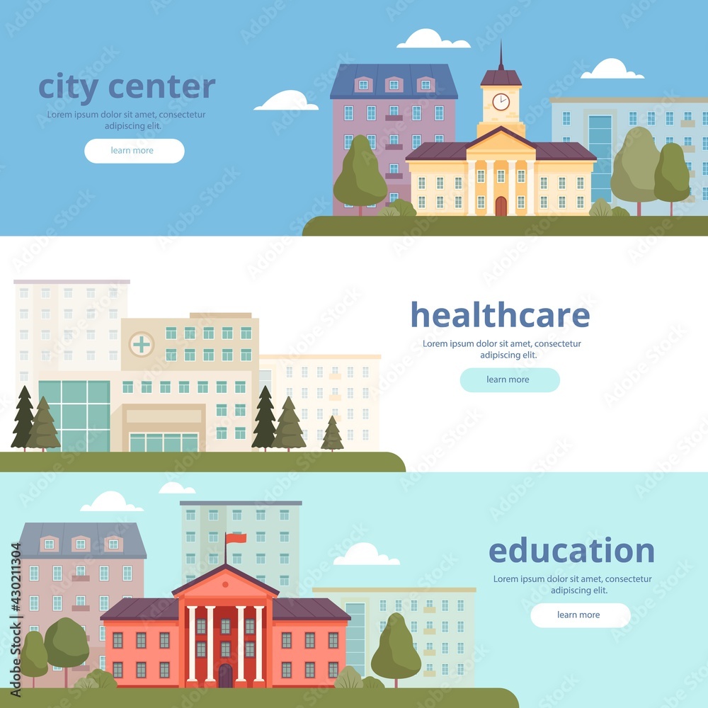 Urban landscape banners. City infrastructure big and small towns municipal buildings architectural objects government supermarkets hospital offices nowaday vector colored template