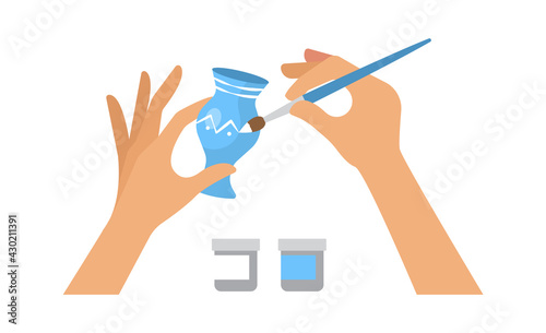 Hand made workshop. Kids lab, hand coloring blue ceramic vase. Home relaxing and entertaiment vector concept