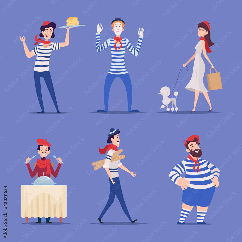 French characters. Authentic national france people paris festival symbols happy smile male and female persons exact vector flat cartoon illustrations set - obrazy, fototapety, plakaty 