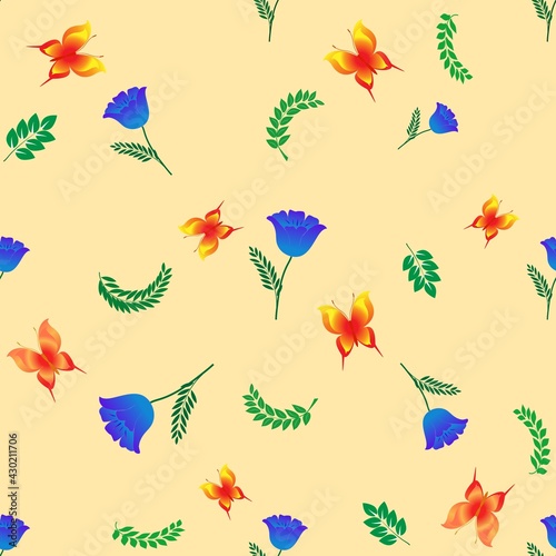 Summer pattern with flower, butterflies on yellow © ya_nataliia