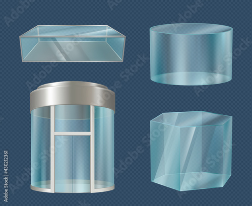 Glass elevator. Modern transparent 3d boxes stylish forms cube cylinders mall showcase for advertising decent vector realistic illustrations