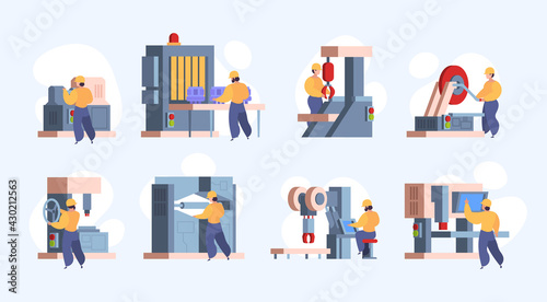 Worker characters. Factory workers industrial engineers production technologies systems operational persons garish vector illustrations set