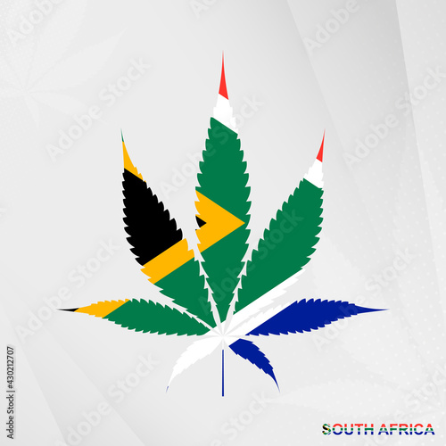 Flag of South Africa in Marijuana leaf shape. The concept of legalization Cannabis in South Africa.