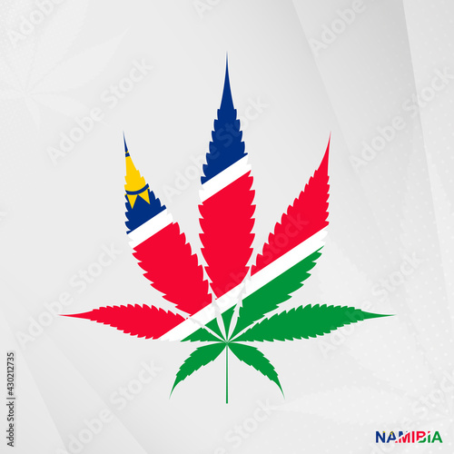 Flag of Namibia in Marijuana leaf shape. The concept of legalization Cannabis in Namibia.