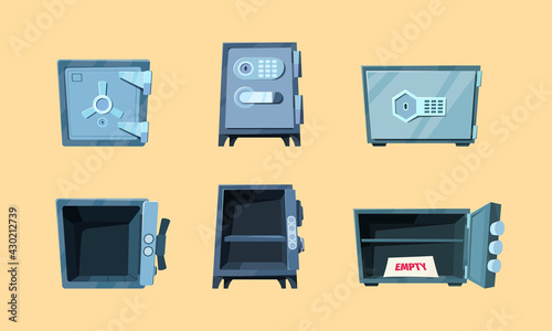Safe deposit. Steel home for money safeness vault money box garish vector illustrations