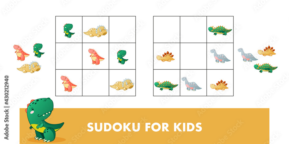 Sudoku for kids. Children educational game with dino. Cute dinosaur cartoon  vector illustration. Stock Vector | Adobe Stock