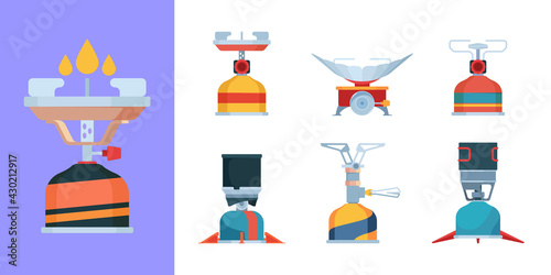Camp gas stove. Expedition kitchen equipment for outdoor cooking fire stove for wilderness garish vector collection set