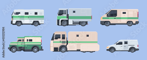 Police bank cars. Security finance services collector vehicle heavy steel armored cars garish vector cartoon illustrations