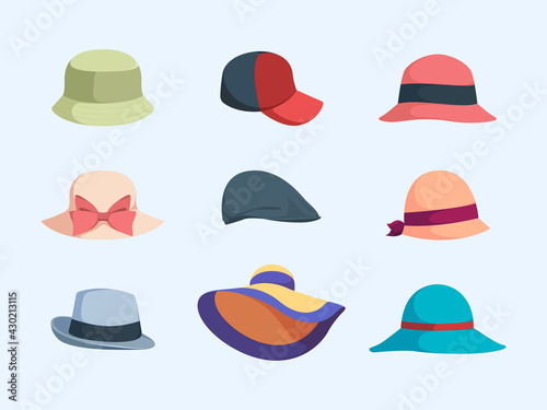 Caps and hats. Summer modern fashioned clothes accessories for head woman hats garish vector cartoon collection