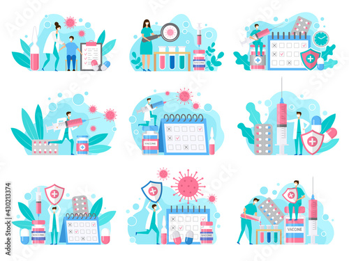 Covid prevention. Characters making injection healthcare stylized illustrations collection liquid drugs and antibiotics in syringe recent vector set