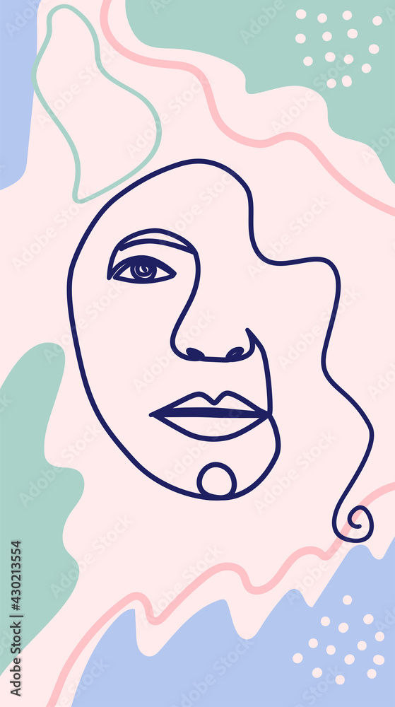 Woman's Face Minimal Line Style. Abstract Contemporary collage of geometric shapes in a modern trendy style.