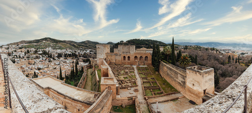 Palace in the famous Alhambra in Granada, Spain. Palace and fortress complex located in the Alcazaba of Granada. Panoramic view of the Alhambra