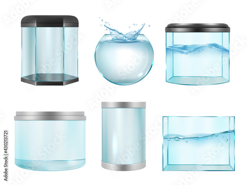 Aquarium for fish. Empty transparent realistic cases for underwater life containers different geometrical forms decent vector aquarium pictures