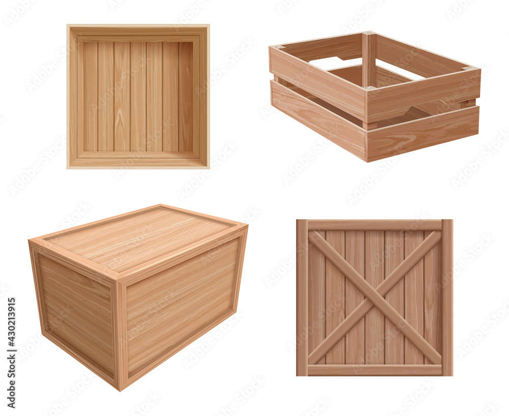 Wooden boxes. Freight containers open and closed for fragile gifts packages with wooden textures decent vector realistic illustrations Wooden boxes. Freight containers open and closed for fragile gifts packages with wooden textures decent vector realistic illustrations