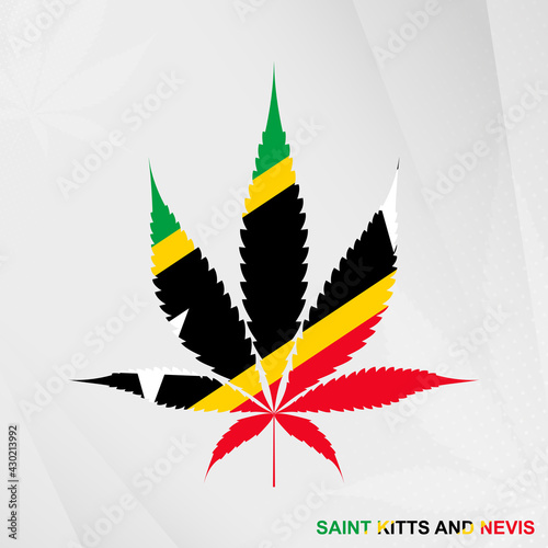 Flag of Saint Kitts and Nevis in Marijuana leaf shape. The concept of legalization Cannabis in Saint Kitts and Nevis.
