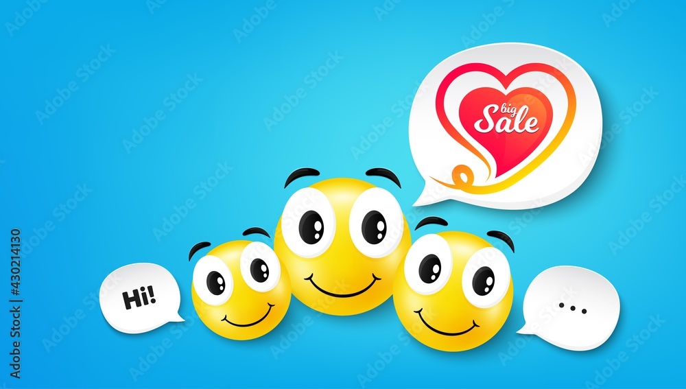 Big sale sticker. Smile face with speech bubble. Discount banner shape. Love design icon. Smile face character. Big sale speech bubble icon. Chat background. Vector Big sale sticker. Smile face with speech bubble. Discount banner shape. Love design icon. Smile face character. Big sale speech bubble icon. Chat background. Vector