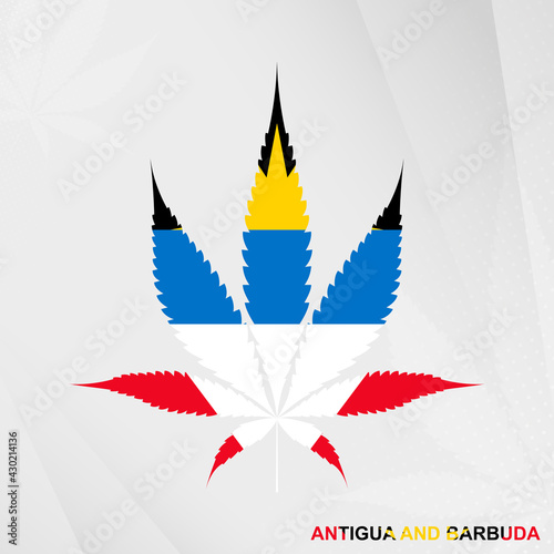 Flag of Antigua and Barbuda in Marijuana leaf shape. The concept of legalization Cannabis in Antigua and Barbuda.