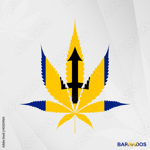 Flag of Barbados in Marijuana leaf shape. The concept of legalization Cannabis in Barbados.