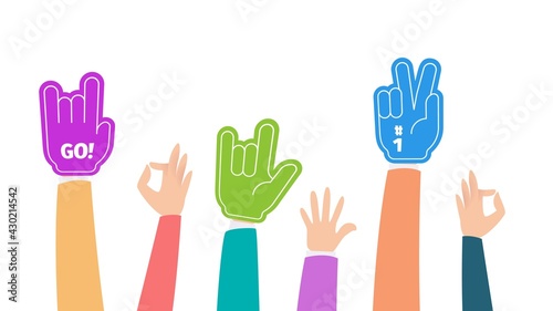 Fans hands up. Foam fingers hand, cheering gloves and human positive gestures. People greeting vector banner