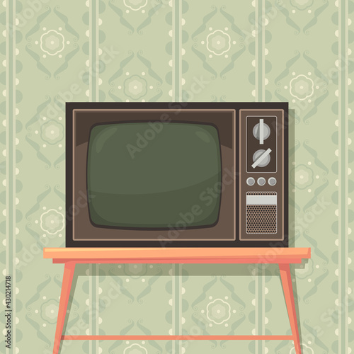 Tv on table. Retro background with old tv set for entertainment communications media show translation garish vector poster
