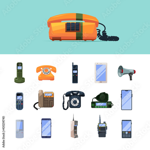 Telephones. Old smartphones mobile gadgets internet technologies operator connection garish vector illustrations set