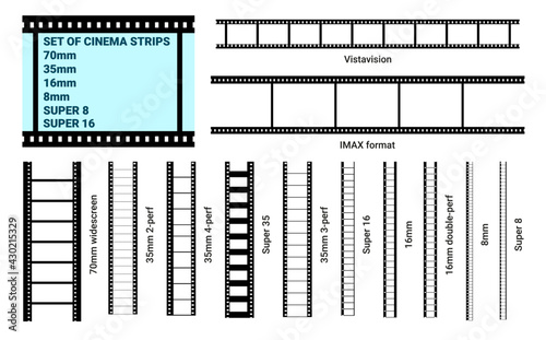 Old retro film strip frame set isolated on white background. Reel cinema filmstrip template. Graphic element. Vector illustration. Vistavision, super 8, super 16, Imax, 70mm, 35mm, 8mm, 16mm.