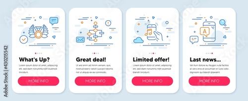 Set of Business icons, such as Block diagram, Music phone, Laureate medal symbols. Mobile screen mockup banners. Ab testing line icons. Algorithm path, Radio sound, Laurel wreath. Phone test. Vector